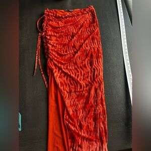Zara Red Zebra Print Ruched Skirt Mini Skirt Slit & Tie Waist Sexy Small